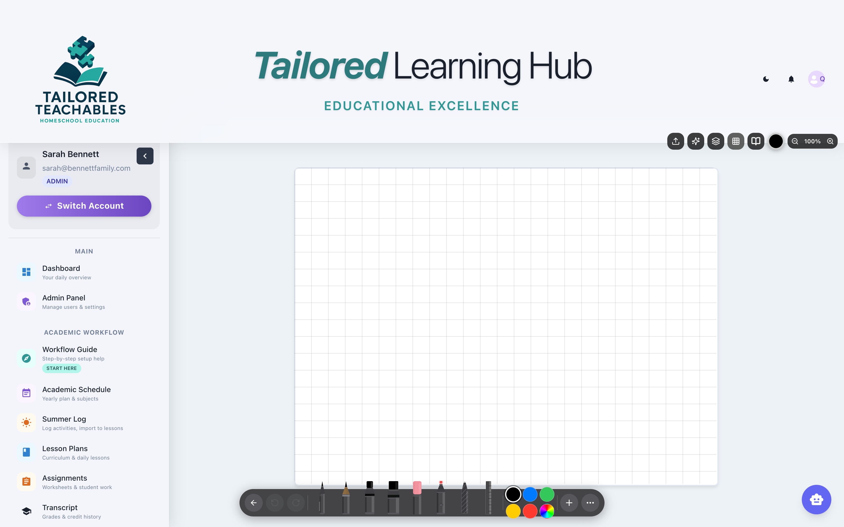 Interactive Canvas in Tailored Learning Hub — pens, brushes, highlighters, shapes, layers, and built-in AI, on any device